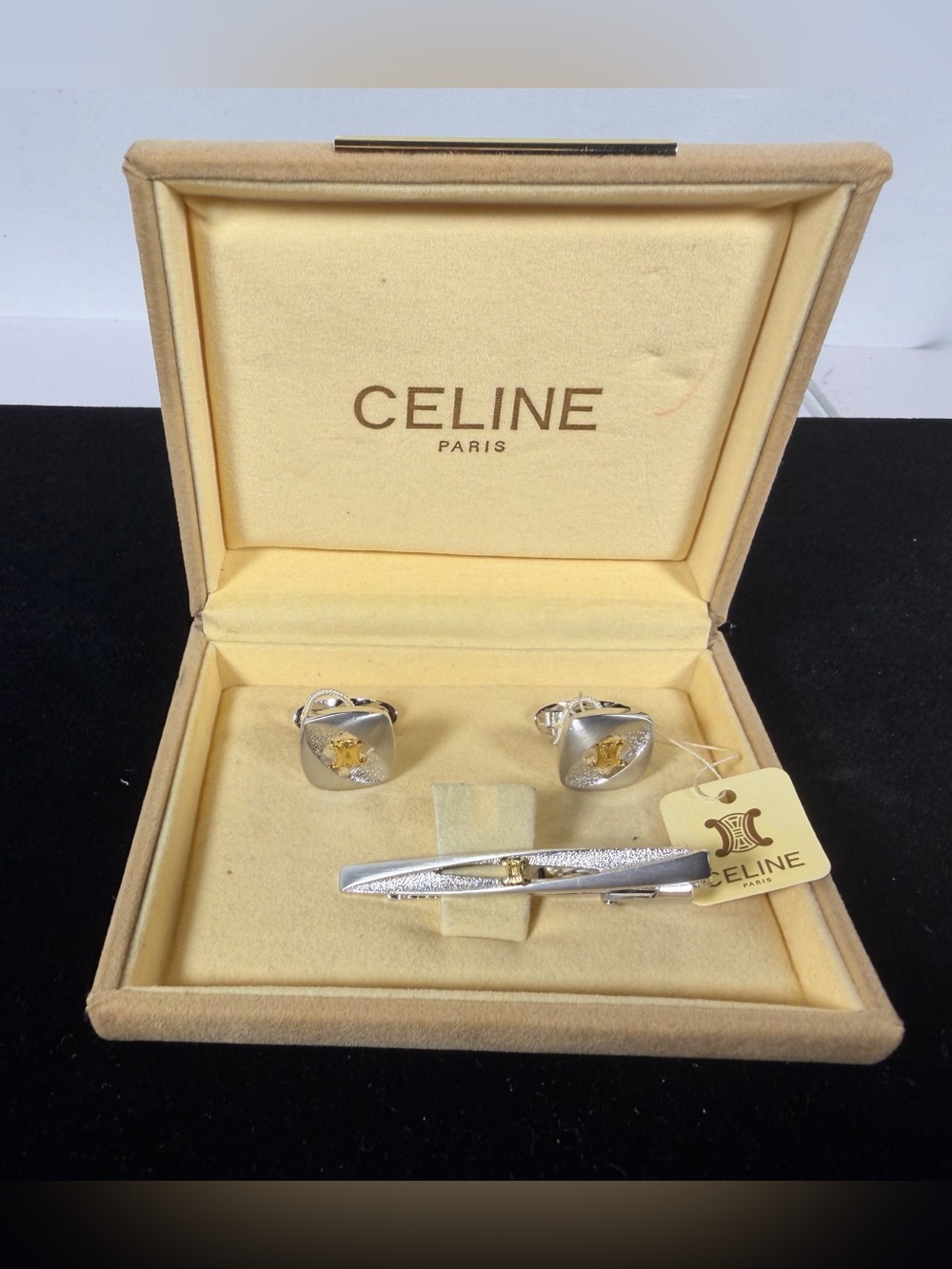 9004: Vintage Celine Paris Triomphe Cufflinks & Tie Bar Set with Box & Tag